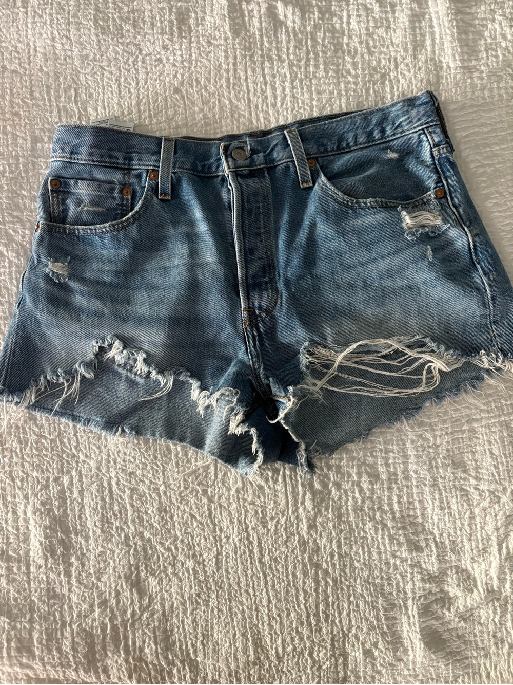 Levi's Light Blue Distressed High-Rise Denim Shorts